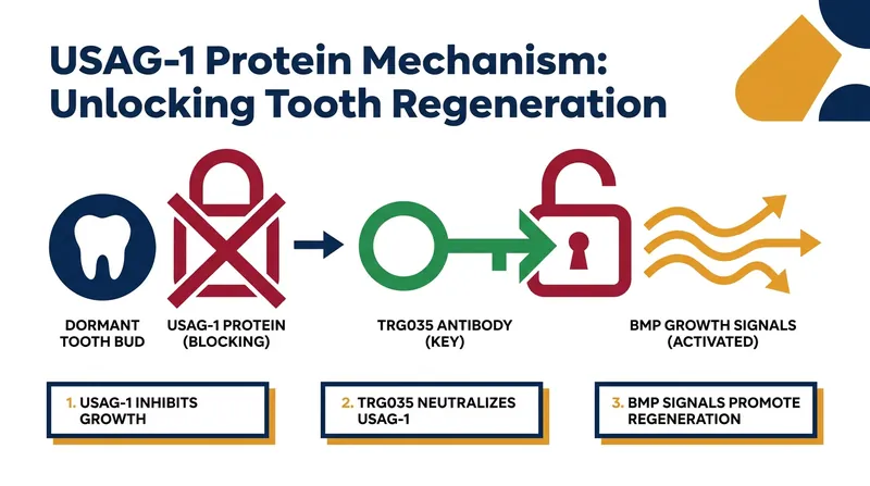 How TRG035 neutralizes the USAG-1 protein to allow bone morphogenetic proteins to stimulate tooth growth.