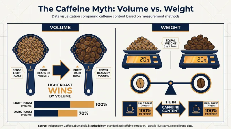 Because dark roast beans expand and lose water weight, measuring by volume versus weight yields different caffeine results.