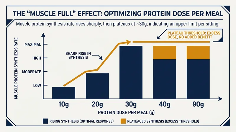 Muscle protein synthesis hits a biological ceiling around 20 to 40 grams per meal.