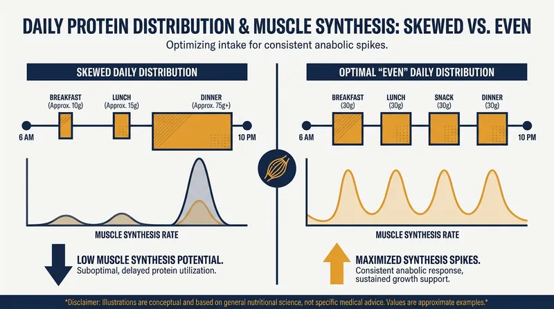 Evenly distributing protein across meals results in significantly higher 24-hour muscle synthesis.