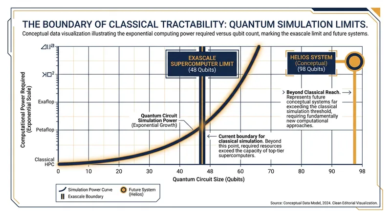 Beyond 48 qubits, the complexity of the quantum operations begins to overwhelm even the world's fastest exascale supercomputers.