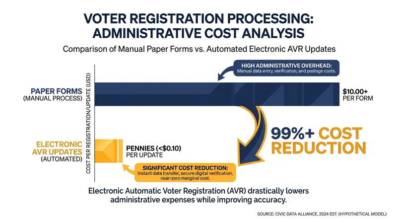 Electronic data transfers drastically reduce the per-voter cost of registration updates.
