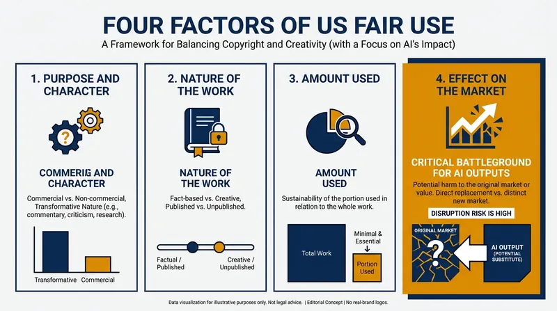 The four factors courts use to determine if the unauthorized use of copyrighted material is legally permissible.