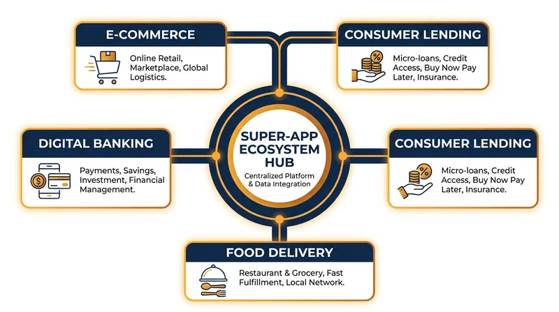 The super-app model integrates multiple daily services into a single, data-rich platform.