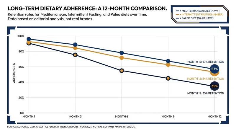 Long-term adherence rates show the Mediterranean diet holds a slight edge in sustainability over a 12-month period.