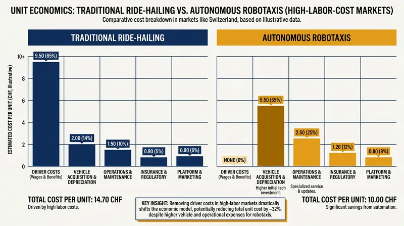 High domestic labor costs in Switzerland create strong underlying unit economics for driverless commercial services.