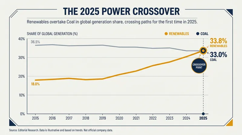 In 2025, renewable energy sources officially surpassed coal as a percentage of global electricity generation.