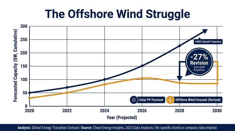 While solar exceeds expectations, offshore wind forecasts have been slashed by 27% due to supply chain and inflation hurdles.