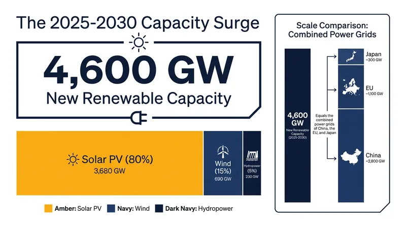 The IEA projects the world will add 4,600 gigawatts of renewable capacity by 2030, driven overwhelmingly by solar.