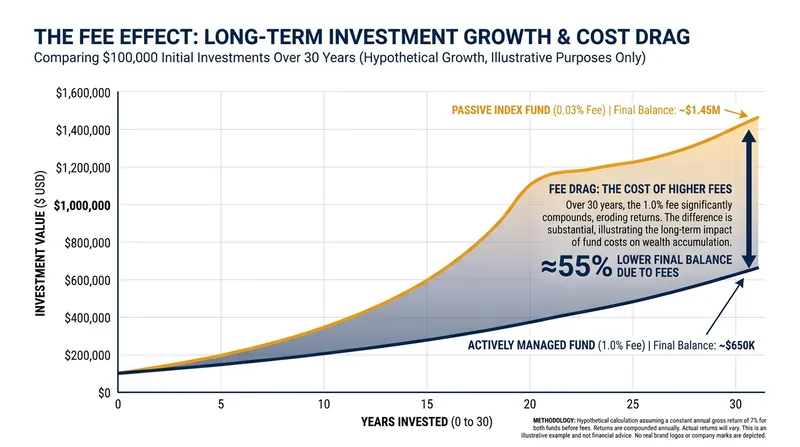 Even a seemingly small 1% annual fee can consume hundreds of thousands of dollars in potential compounded growth over decades.