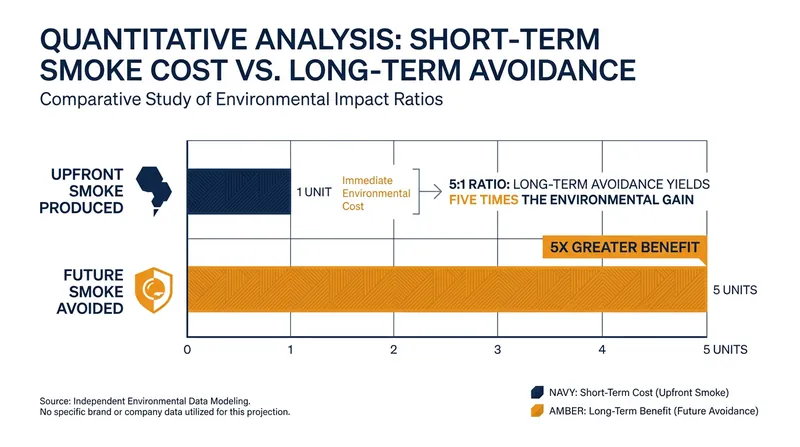 Over a decade, the net savings in avoided smoke beat the upfront smoke production by a ratio of about five to one.