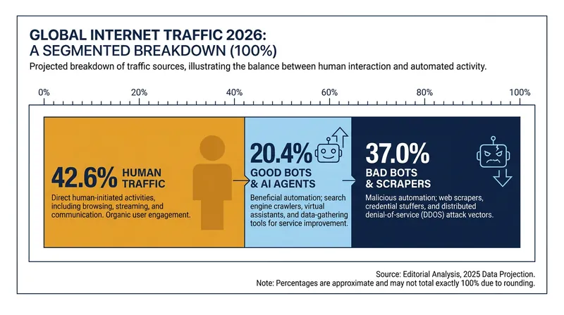 While helpful AI agents are driving the recent surge, malicious scrapers and bad bots still account for over a third of all internet traffic.
