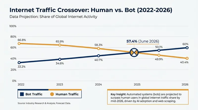 In June 2026, automated bot traffic officially surpassed human web requests globally.