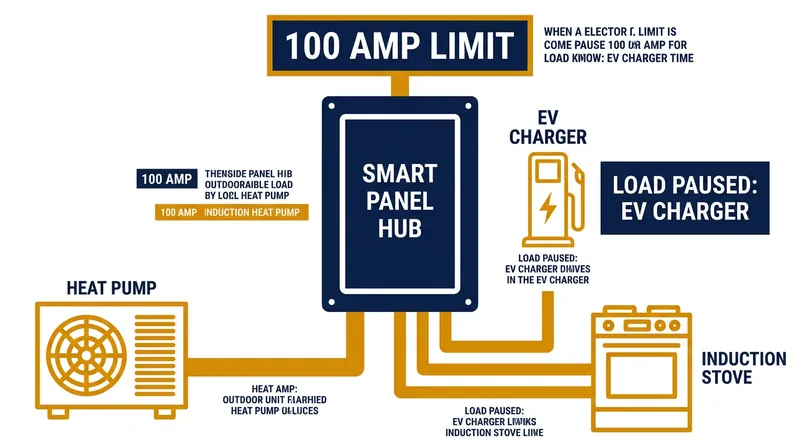 Automated load management pauses non-critical circuits to prevent the main breaker from tripping.