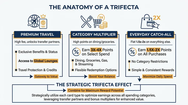 A standard trifecta assigns a specific role to each card to ensure no purchase earns a basic 1x rate.