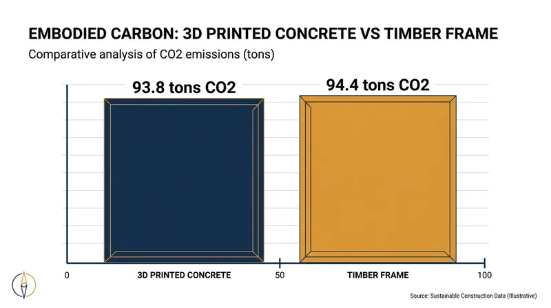 Due to the carbon intensity of cement, the initial environmental footprint of a printed home closely mirrors traditional timber.