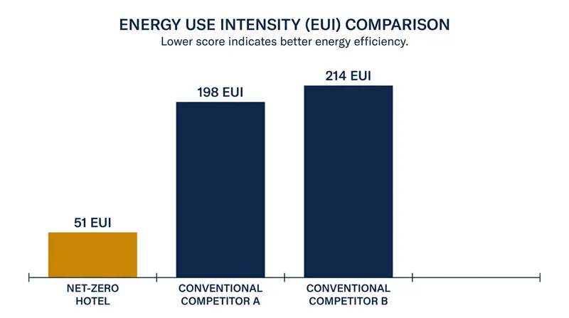 High-performance hotels can operate with less than a quarter of the Energy Use Intensity (EUI) of conventional properties.