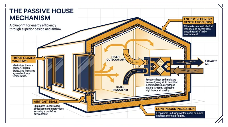 The Passive House standard relies on a hyper-sealed building envelope and advanced ventilation to slash energy use.