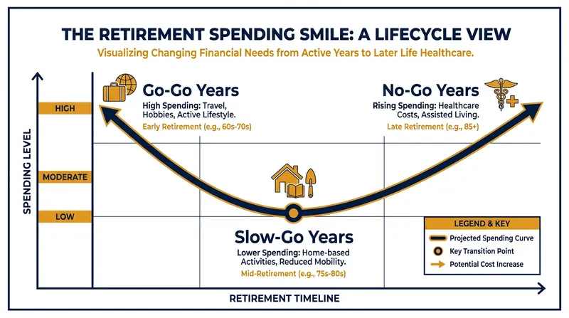 The 'Spending Smile' models how real consumption naturally dips during the middle years of retirement.