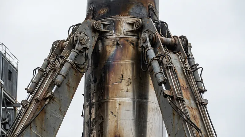 The mechanical arms slide under protruding lifting lugs to support the 250-ton vehicle.
