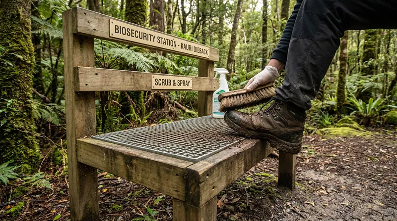 In New Zealand, travelers act as guardians of the land by adhering to strict biosecurity measures on trails.