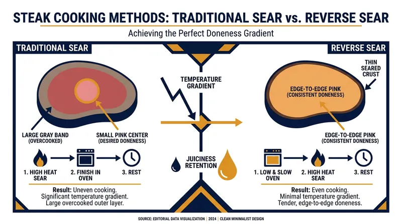 Thermal gradients in traditional cooking cause uneven doneness, while low-and-slow cooking ensures uniformity.