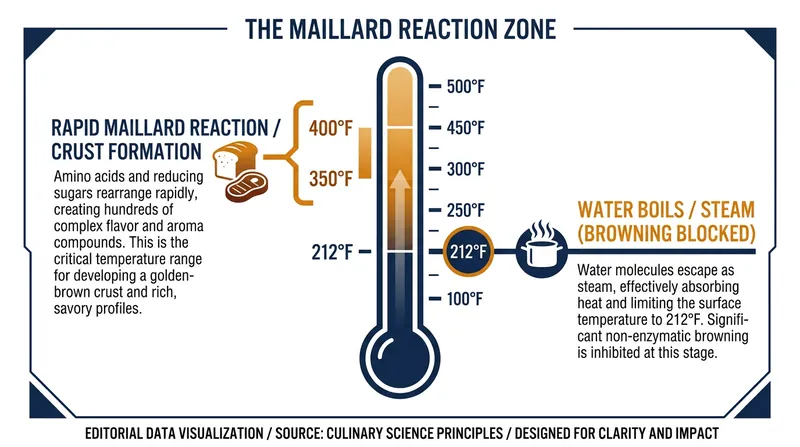 Surface moisture must be fully evaporated before the Maillard reaction can begin browning the meat.