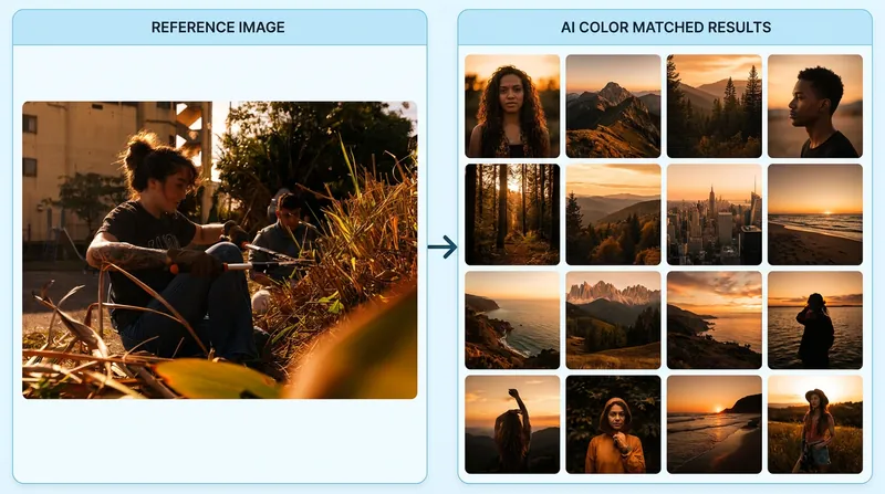 The AI-powered Style Match feature analyzes a reference image to recreate its color and tone across an entire batch of photos.