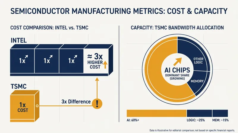 While Intel offers domestic supply chain security, its manufacturing costs currently run significantly higher than TSMC's.