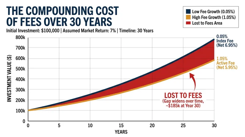 A seemingly small 1% management fee can consume hundreds of thousands of dollars in potential compound growth over a lifetime.