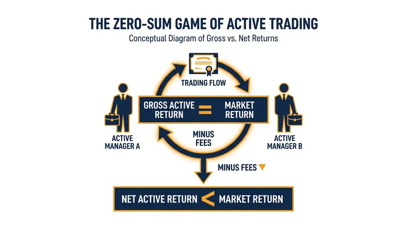 Because active investors collectively make up the market, their average returns before fees must equal the market. After fees, they mathematically must lose.