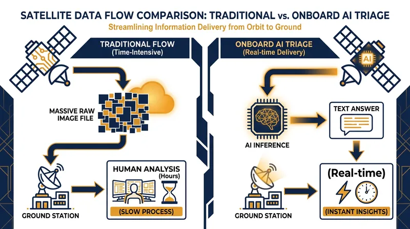 Onboard inference allows satellites to send text-based answers to Earth rather than massive image files.