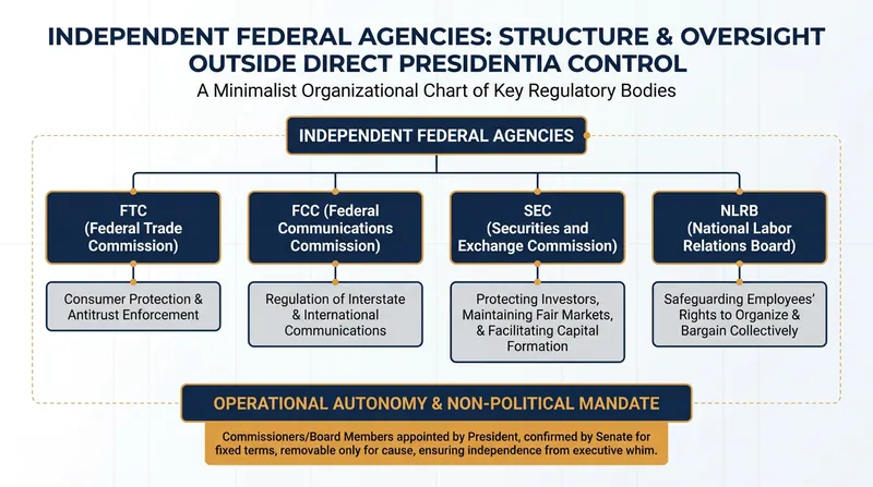 Dozens of independent agencies currently operate with statutory protections against at-will presidential firings.