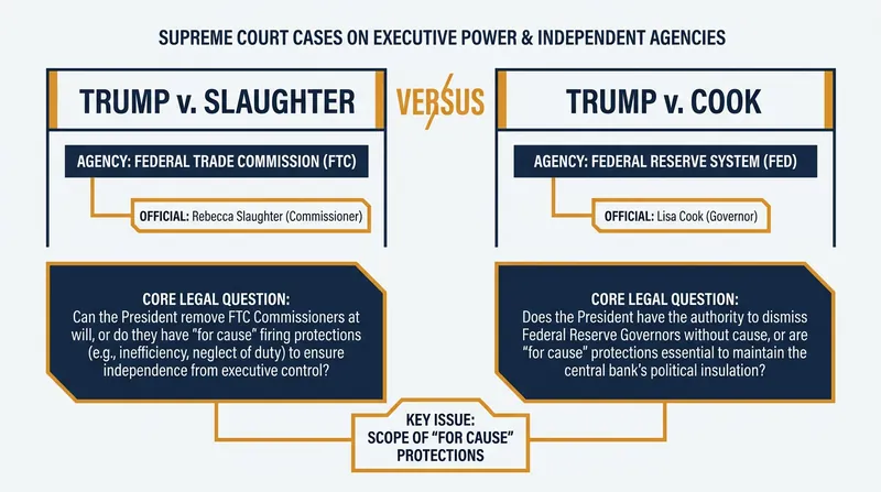 The twin cases test whether the president can fire independent agency heads at will or only for cause.