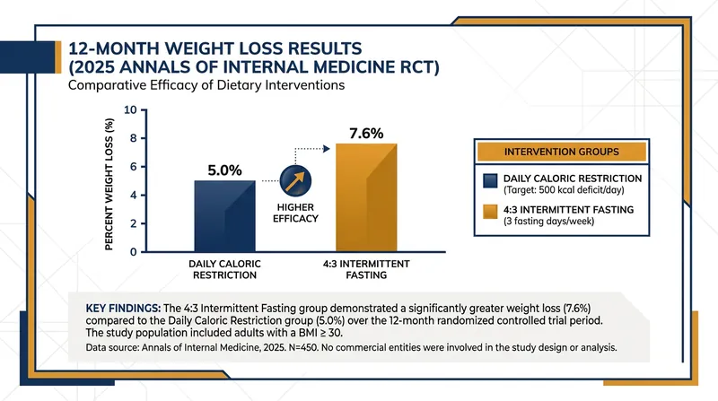 A 2025 trial found that a 4:3 fasting protocol resulted in slightly higher total weight loss over a year compared to daily restriction.