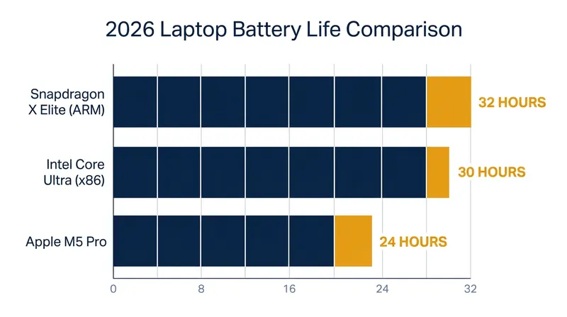 Real-world battery life benchmarks for the leading 2026 laptop platforms.