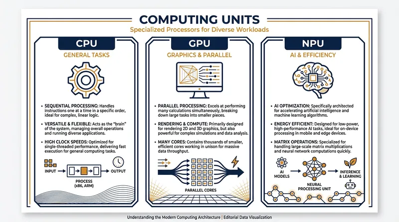 How modern laptops divide workloads across three distinct processors.