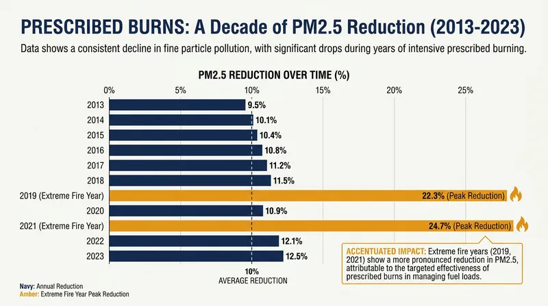 The air quality benefits of prescribed burning peak during the most extreme fire seasons.