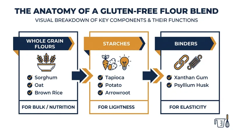 A successful gluten-free flour blend divides the labor that wheat flour naturally performs on its own.