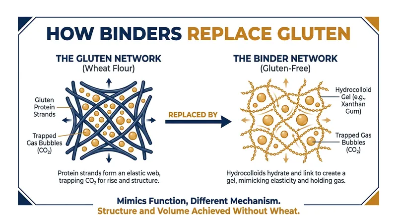 Hydrocolloids like xanthan gum form gels that mimic the elastic, gas-trapping properties of gluten strands.
