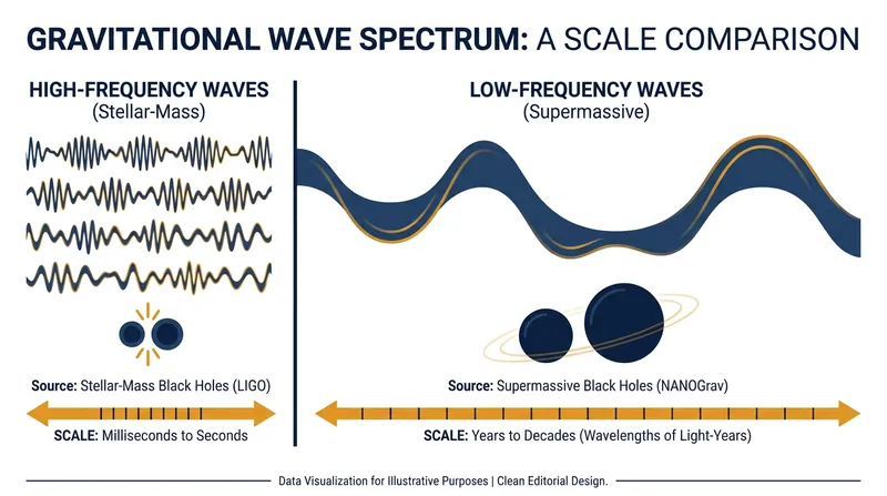 While ground-based detectors catch the rapid chirps of small black holes, pulsar timing arrays detect the slow, decades-long waves of supermassive giants.