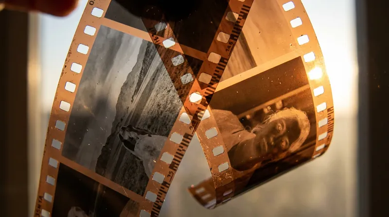 A developed film negative displays the inverted values of the original scene, permanently etched in metallic silver.