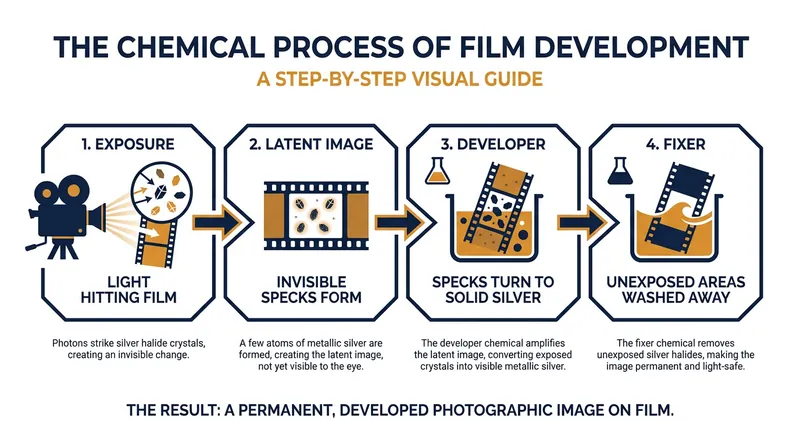The chemical journey from a photon of light to a permanent, visible photograph.