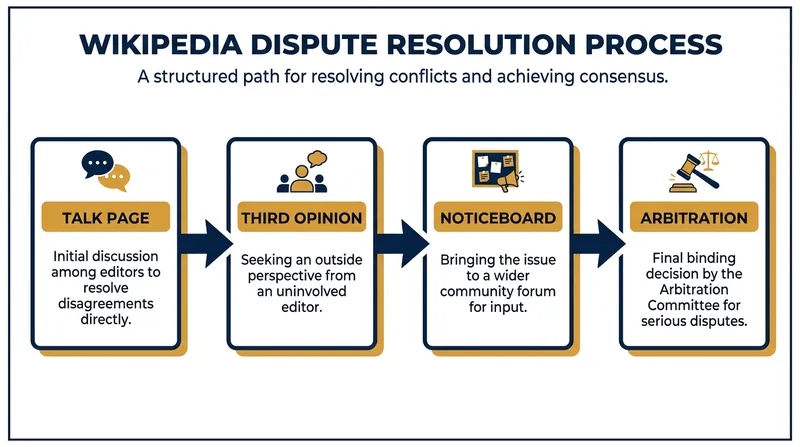 When the standard BOLD, Revert, Discuss cycle fails, editors can escalate disputes through a tiered resolution system.