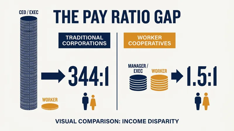 Worker cooperatives boast significantly flatter compensation structures than conventional corporations.