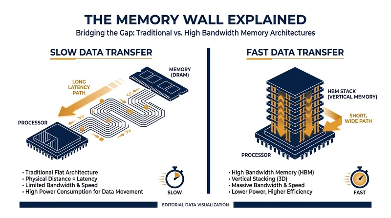 High Bandwidth Memory (HBM) stacks chips vertically to bypass the traditional 'memory wall'.