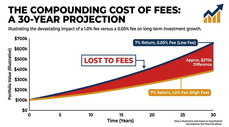Even a seemingly small 1% annual fee can consume hundreds of thousands of dollars in potential compound growth over a lifetime.