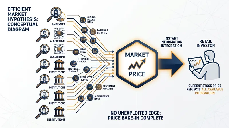 The Efficient Market Hypothesis suggests that because millions of professionals are analyzing the same data, stock prices already reflect all known information.