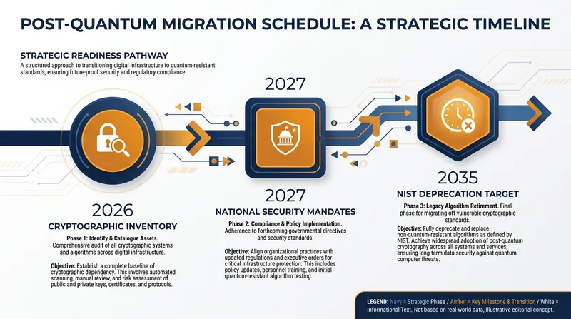 The regulatory timeline for migrating to quantum-safe encryption.