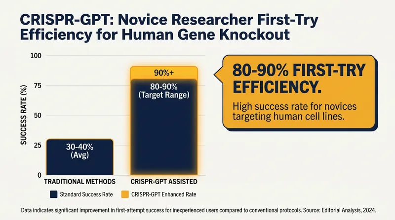 Novice researchers with no prior gene-editing experience achieved remarkable efficiency on their first attempt using AI guidance.
